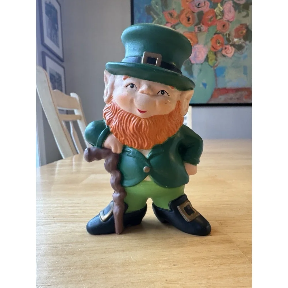 Vintage Enesco Leprechaun Piggy Bank Plastic Irish St. Patrick's 1985 Green